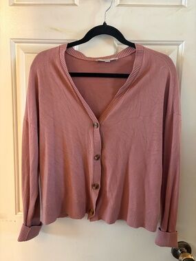 Relaxed Pink V-Neck Button Cardigan Sweater